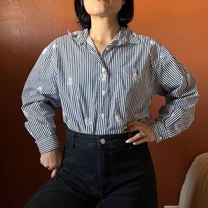 vtg Talbots button down long sleeve shirt blue striped nautical Med cotton top